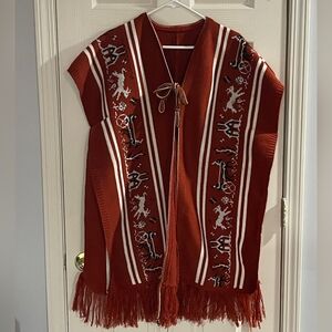 Boutique Orange White Brown Stripe Amish Horse Buggy House Tie Poncho Sweater OS